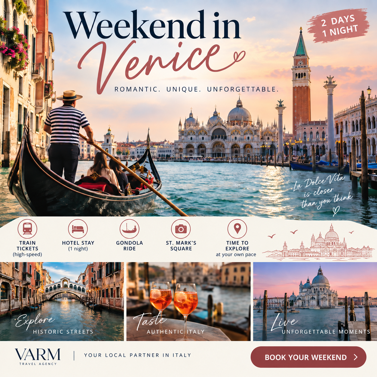 Poster per un weekend a Venezia con gondola, Piazza San Marco, treno ad alta velocità e hotel